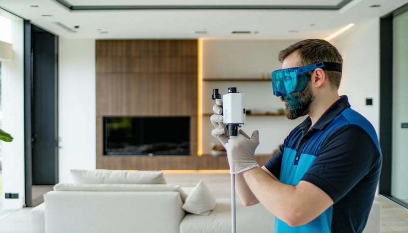 Technician conducting air quality testing in a modern home Technician conducting air quality testing in a modern home